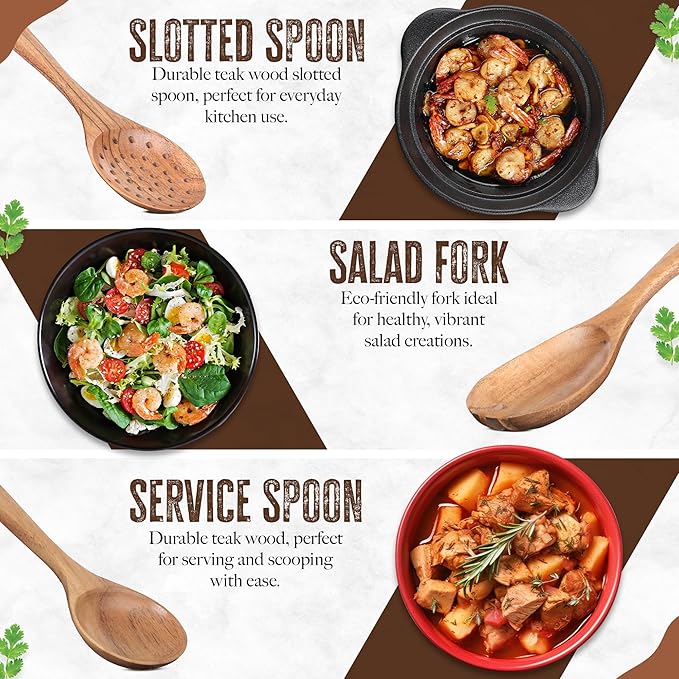 INTAJ Teak Wooden Spoons for Cooking, 9-Piece Handmade Kitchen Utensil Set