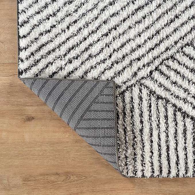Rugshop Geometric Diamond Stripe Shag Runner Rug White 2' 3" x 12' Great for Long Hallways, Open Entryways, or Galley Kitchens