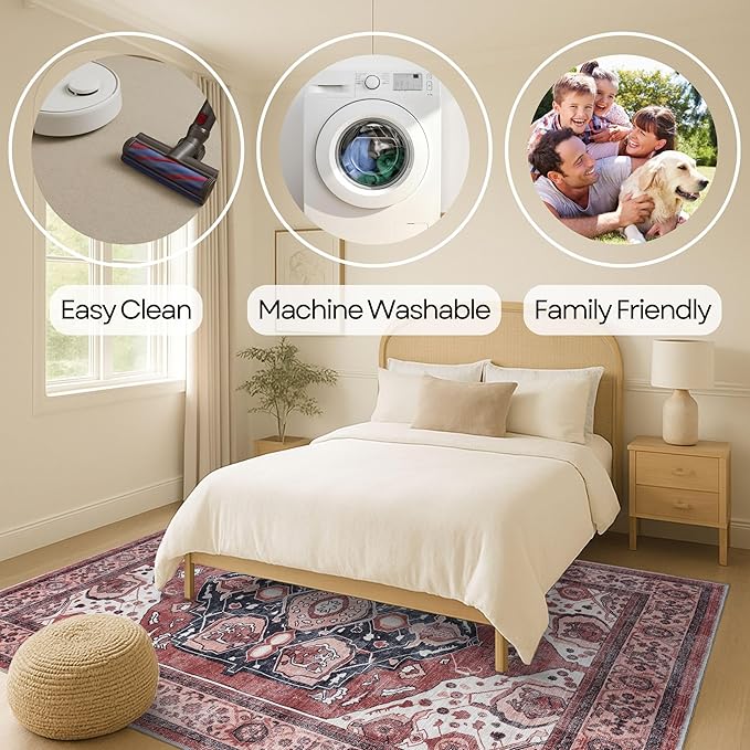 Fame Rugs Turkish Rug. Washable Vintage Oriental Antique Inspired Traditional Doormat Small Modern Area Rugs Luxury Entryway Entry Bedroom Bathroom Kitchen (404RR, 7'5 x 9'9)