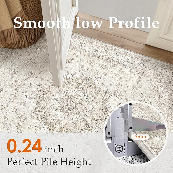 Beige Area Rug 6x9 Washable Vintage Carpet for Living Room Bedroom Large Soft Retro Low Pile Thin Indoor Rug Non Slip Oriental Medallion Floor Cover for Dining Room Office