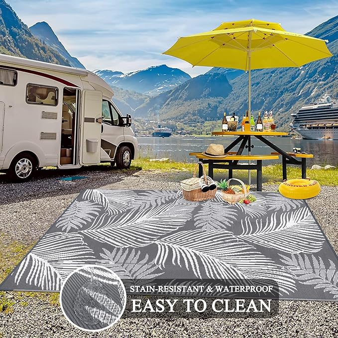Pauwer Waterproof Outdoor Rug 6x9, Reversible Plastic Straw Patio Camping Rug, Indoor Outdoor RV Mat Carpet for Deck, Camper, Porch, Balcony, Backyard, Picnic, Leaf Grey