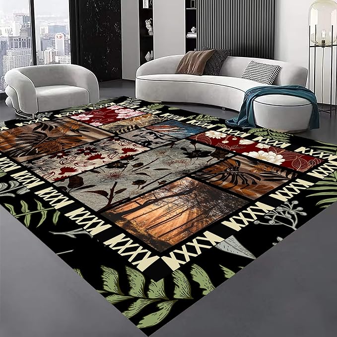Vintage Jungle Floral Area Rug 3x5ft, Tropical Leaf Print Low Pile Carpet, Washable Non-Slip & Soft Mat for Bedroom, Living Room, Dining Room, Playroom