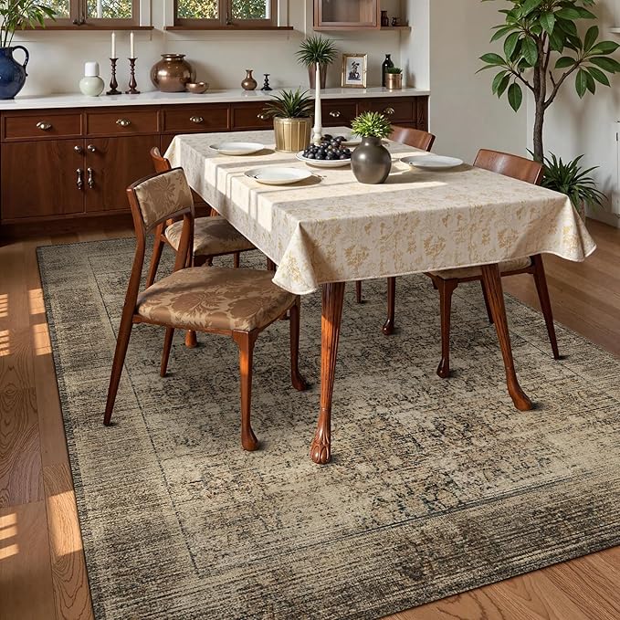 Washable Area Rug 6' x 9' Vintage Traditional Persian Mat - Foldable Distressed Non-Slip Machine Washable Carpet for Living Room Bedroom Kitchen Home Decor - Mocha and Taupe