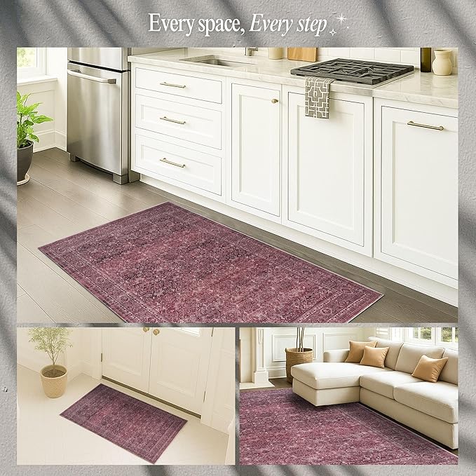 Fame Rugs Turkish Rug. Washable Vintage Oriental Antique Inspired Traditional Doormat Small Modern Area Rugs Luxury Entryway Entry Bedroom Bathroom Kitchen (395RR, 2'5 x 13'1)