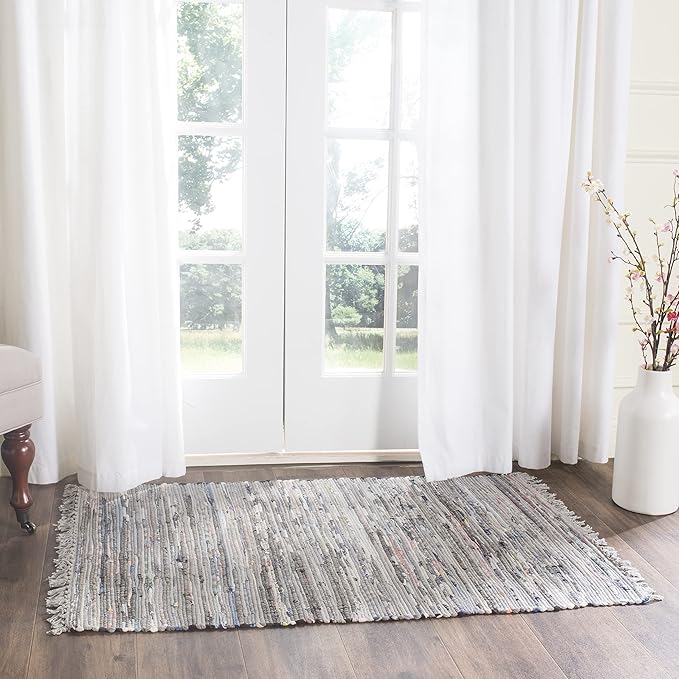SAFAVIEH Rag Rug Collection Accent Rug - 2' x 3', Grey, Handmade Boho Stripe Cotton, Ideal for High Traffic Areas in Entryway, Living Room, Bedroom (RAR121A)