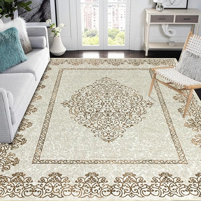 Easy-Going Area Rug 5x7 Washable Boho Neutral Rugs for Living Room Non-Slip Bedroom Rug Low Pile Lightweight Floral Brown Print Vintage Throw Rug for Dining Room Bathroom Kitchen Home Office Carpet