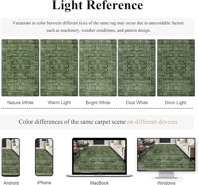 9x12 Washable Area Rug Green Vintage Rug for Living Room Bedroom Low Pile Soft Non-Slip Boho Rug for Under Table Boho Distressed Retro Carpet for Bedroom Kitchen Office Dining