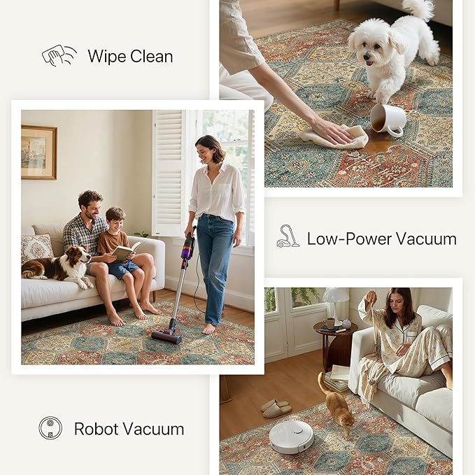 Bavni 6x9 Area Rugs for Living Room, Machine Washable Rug Non Slip, Vintage Chenille Distressed Print Carpet, Large Low Pile Ultra-Thin Lightweight Rugs for Bedroom, Dining Room, Office, Blue/Tan/Red