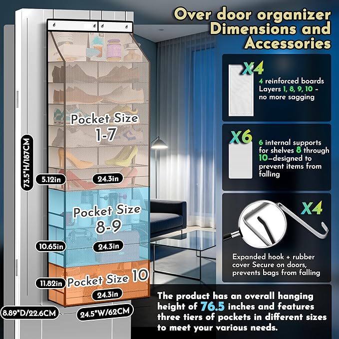 PAULONE Over the Door Organizer Heavy Duty – 96 Lbs Capacity 20 Pair Shoe Rack with Multi-Size Pockets Fits Tall Boots up to 11.8", Breathable Mesh, Metal Hooks – Also for Bags, Toys, Toiletries