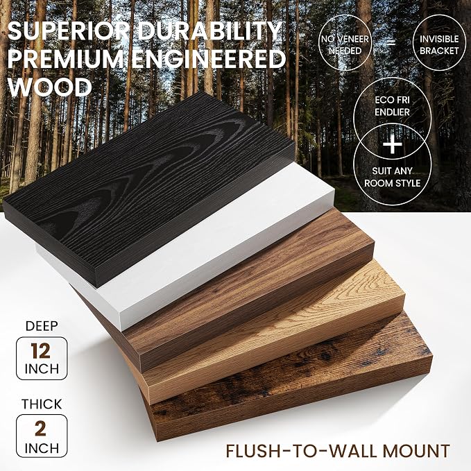 36Inch Floating Shelves for Wall, 12 Inch Deep Shelves for Bedroom, Bathroom