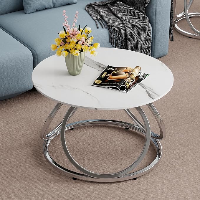 O&K FURNITURE Silver Coffee Table, Round Coffee Table Faux Marble Veins