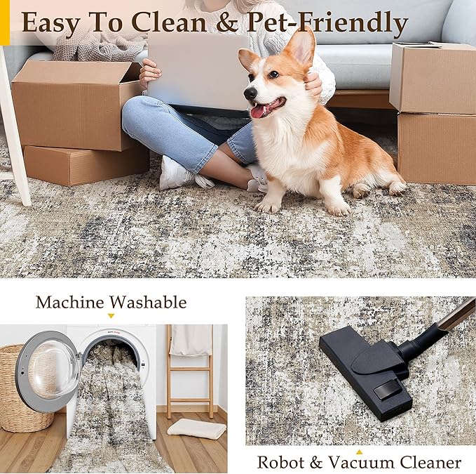 2x3 Abstract Area Rug Brown Washable Modern Entryway Carpet Non Slip Ultra Soft Neutral Low Pile Door Mat Contemporary Small Throw Rug for Bathroom Laundry Kitchen Dining Room