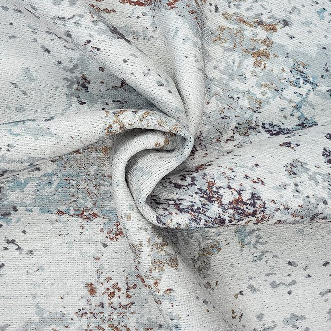 GLN Rugs Contemporary Collection - Machine Washable Area Rug, Contemporary Washable, Non Slip, Low Pile Chenille Rug, Living Room, Bedroom, Kitchen Rug (2'6" x 7' White/Grey/Blue/Brown)