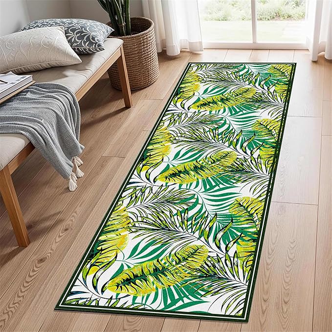 Green Botanical Tropical Leaves Rug 2.6x7ft - Non-Slip Washable Runner, Soft Durable Floor Mat for Hallway, Kitchen, Bedside, Entryway Home Decor