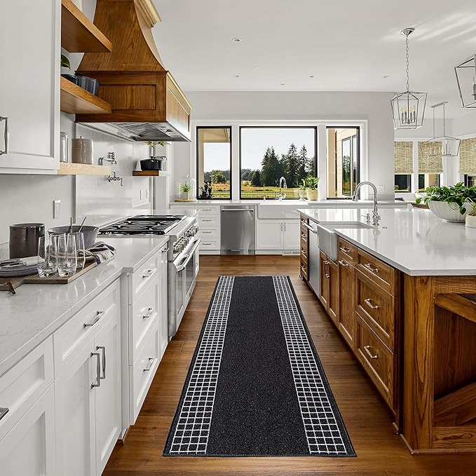 Custom Made Runner Rug for Kitchen Foyer Hallway Entry Choose Your Length 26 Inch Wide Geometric Checkered Design Black Color (18 feet x 26 inch)