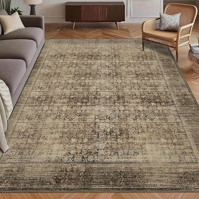 Washable Area Rug 6' x 9' Vintage Traditional Persian Mat - Foldable Distressed Non-Slip Machine Washable Carpet for Living Room Bedroom Kitchen Home Decor - Mocha and Taupe
