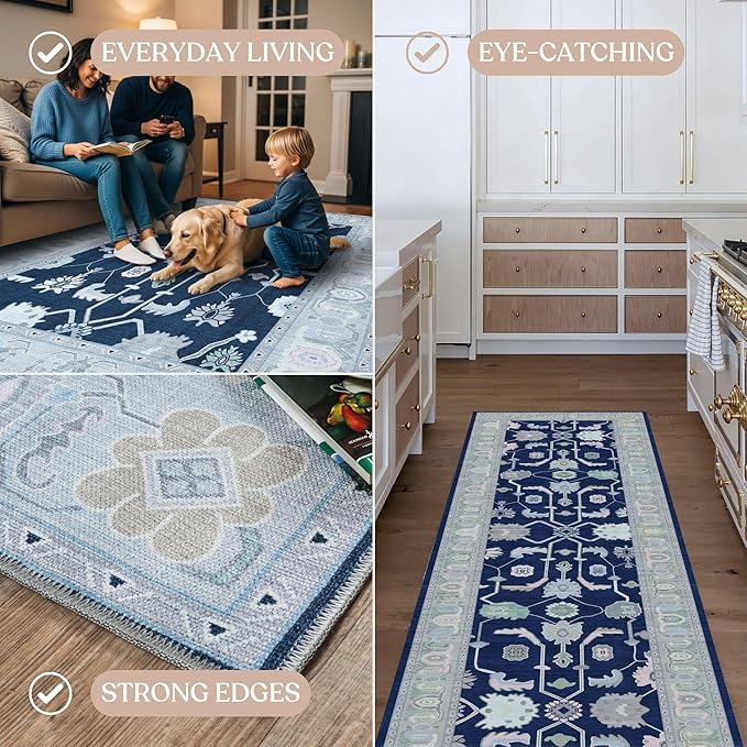 Fame Living Navy Blue Oushak Rug, Modern, Vintage, Turkish, Eclectic, Floral, Pastel, Washable, Oversized, Extra Large Area Rugs for Living Room, Dining, Bedroom, Lounge 9'5"x14'