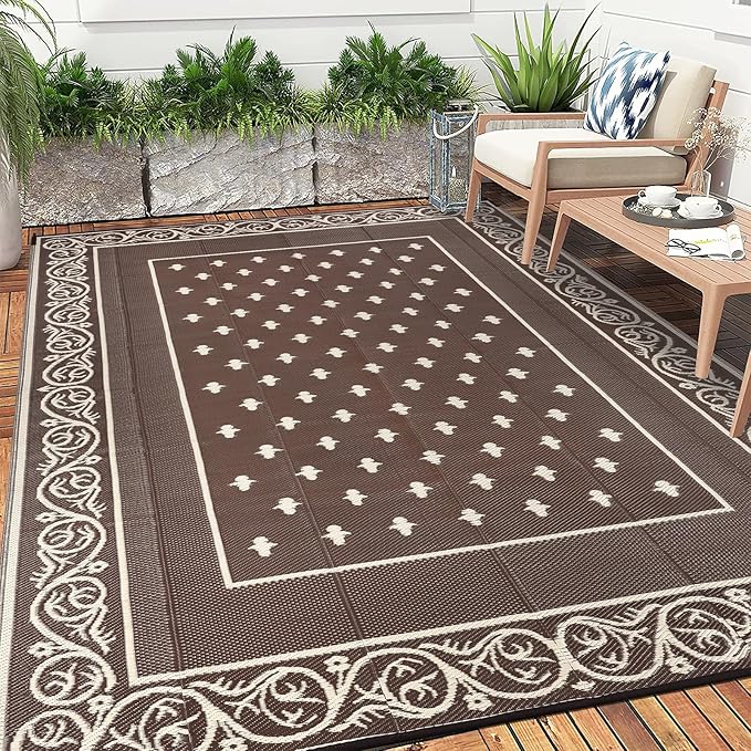 Pauwer Waterproof Outdoor Rug 8x10, Reversible Plastic Straw Patio Camping Rug, Indoor Outdoor RV Mat Carpet for Deck, Camper, Porch, Balcony, Backyard, Picnic, Bordered Brown