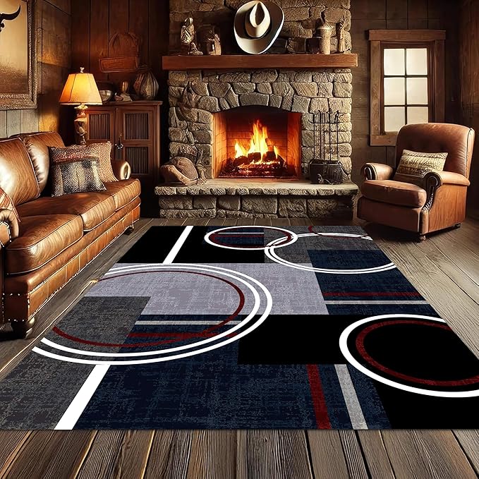 Area Rug 4x5 Modern Abstract Circle Rugs, Multicolor Low Pile Carpet, Machine Washable & Non-Slip Non-Shedding Stain Resistant for Bedroom, Living Room