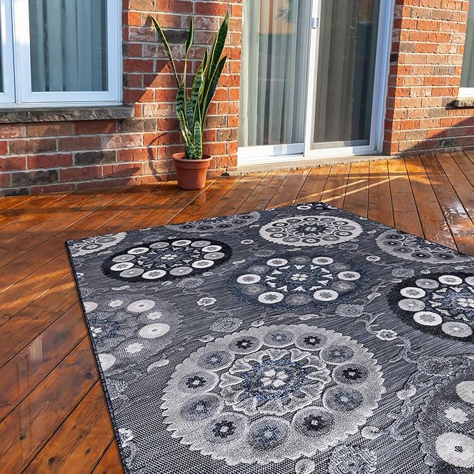 CAMILSON Indoor Outdoor Rug 8x10 Bohemian Medallion Floral Area Rugs for Indoor and Outdoor Patios Easy-Cleaning Non-Shedding Living Room Garden and Kitchen Washable Outside Carpet (8 x 10 / Navy)