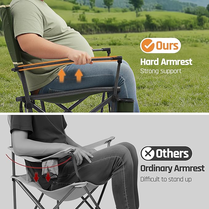 DMH OUTDOORS 2 Pack Oversized Camping Chairs for Adults Heavy Duty 400 LBS, Folding Camp Chair with Hard Metal Armrests & Swivel Cup Holder, Portable Lawn Chair for Outdoor, RV, Tailgating, Green