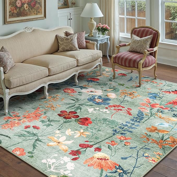 Green Area Rug 5x7 Floral Washable Living Room Kitchen Boho Carpet Non Slip Low Pile Indoor Accent Lightweight Soft Throw Rug for Bedroom Office Dining Room Nursery Farmhouse