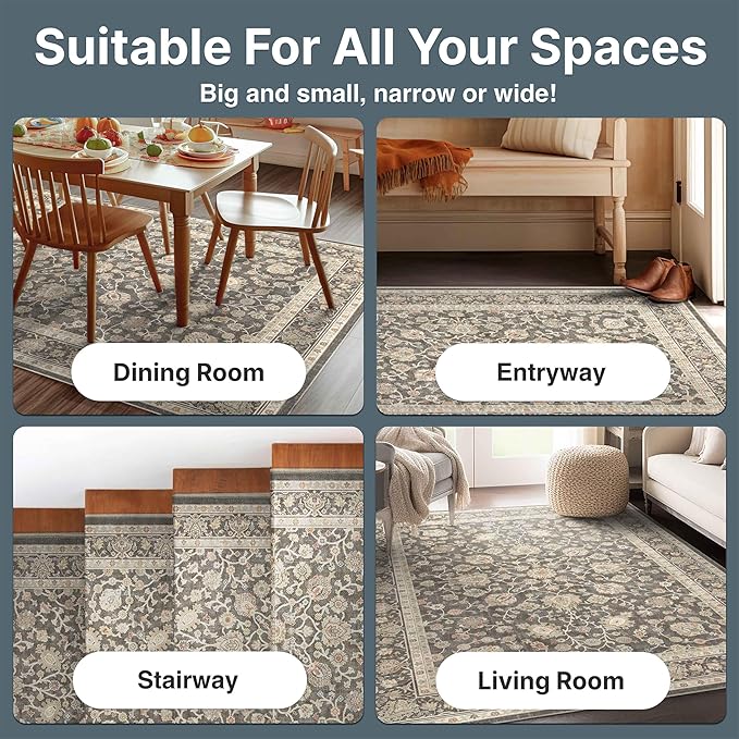 Well Woven Asha Rome Charcoal Brown 6' x 9' Area Rug - Oriental Floral Pattern, Easy Clean, Floor-Friendly Backing - for Living Room, Bedroom, and Dining Room