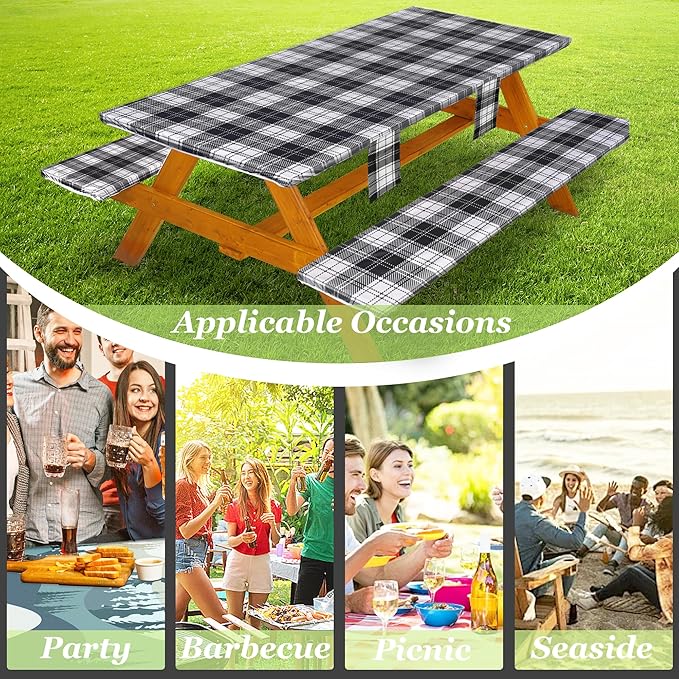 Fitted Picnic Table Cover with Bench Covers Waterproof Elastic Edges Rectangle Patio Tablecloth Outdoor Camping Essentials Stuff Rv Accessories Summer Trip Travel Camper Gifts for Woman Men, 96in 8 ft