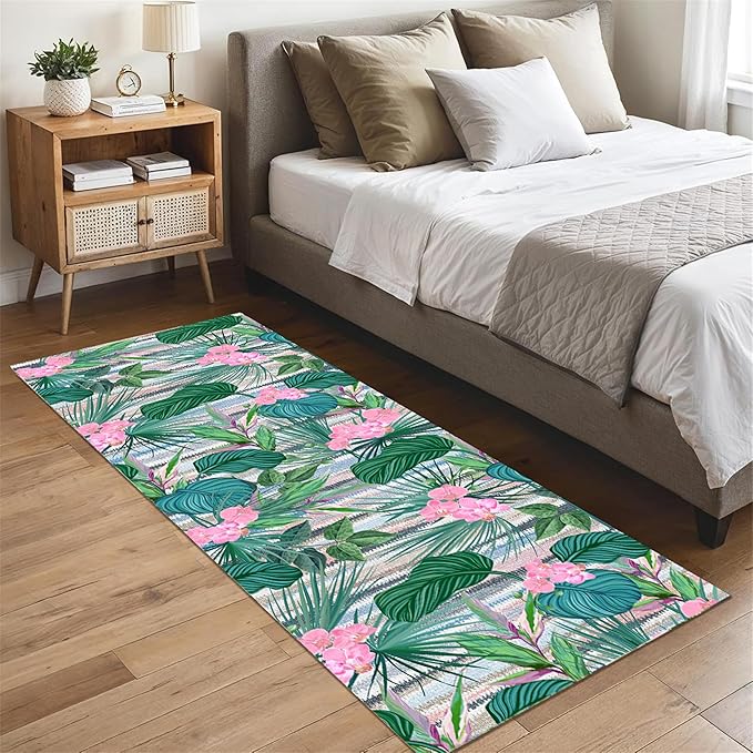 Tropical Runner Rug 3.3x10 ft - Floral & Leaf Print, Pink Flowers & Greenery - Non-Slip Easy Clean - Hallway, Living Room, Bedroom - Bohemian Watercolor Style