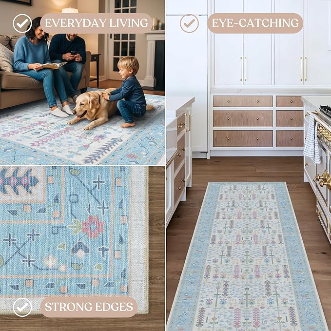 Fame Living Cream Blue Oushak Rug, Modern, Vintage, Turkish, Eclectic, Floral, Pastel, Washable, Area Rugs for Living Room, Dining, Bedroom, Nursery, Girls, Boys, 5'9"x8'9"