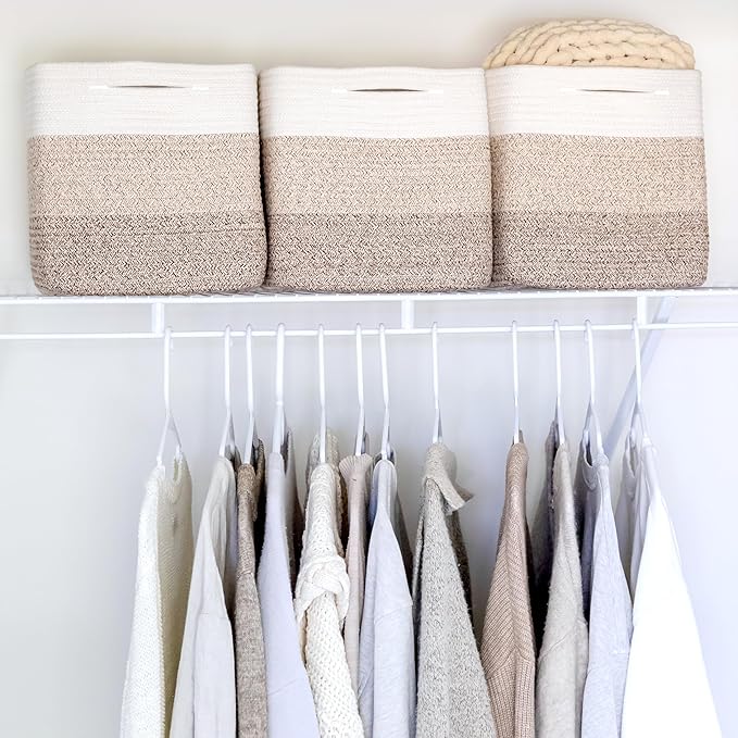 NaturalCozy Storage Cubes 11 Inch Cotton Rope Woven Baskets for Organizing, 3-Pack | Cube Storage Bin | Square Storage Baskets for Shelves Organizer, Classroom, Kids Toy Bins, Closet, Baby Nursery