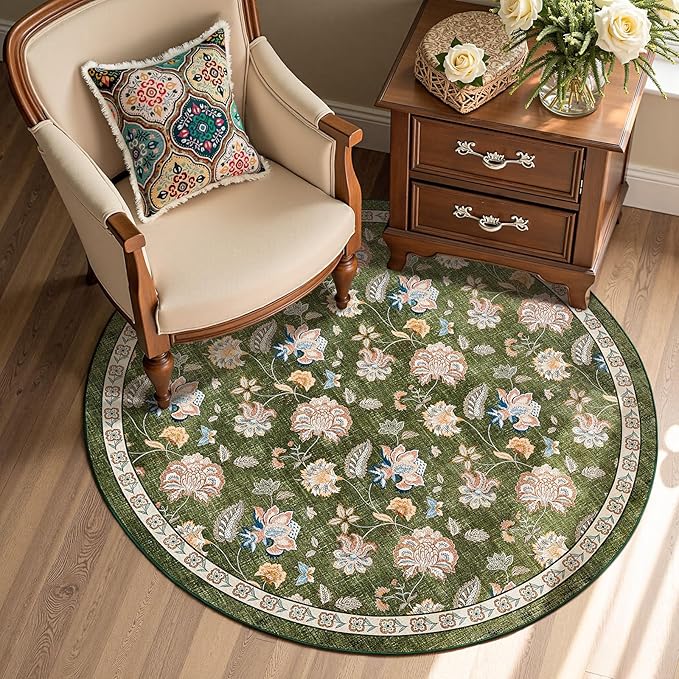jinchan Elora 4ft Floral Round Rug for Entryway Washable Kitchen Rug Vintage Romance Design Non Slip Indoor Doormat Lightweight Low-Profile Throw Carpet for Living Room Dining Room Bedroom, Green