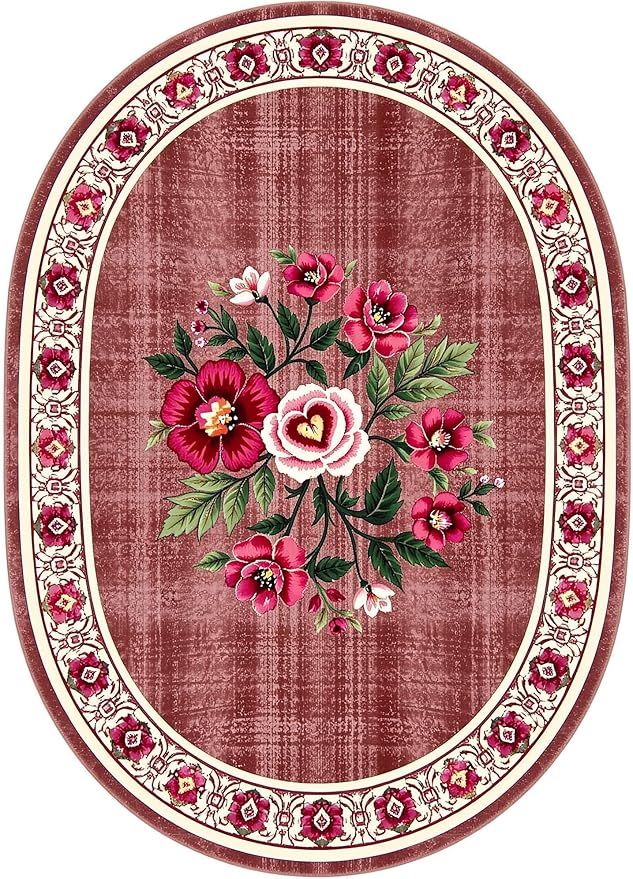 Retro Country Distressed Burgundy Green Florals Texture Bordered Rugs 2x3 for Living Room Bedroom Dining Room Soft Washable Non Skid Area Rug Guestroom Kitchen Doormats Rustic Indoor Oval Carpet