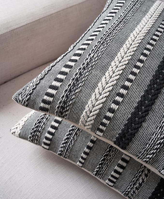 Boho Throw Pillow Covers 18x18 Inch Set of 2, Farmhouse Decorative Couch Pillow Cases, Black Accent Pillows of Bed, Sofa Bedroom Living Room Home Decor Cushion Cover