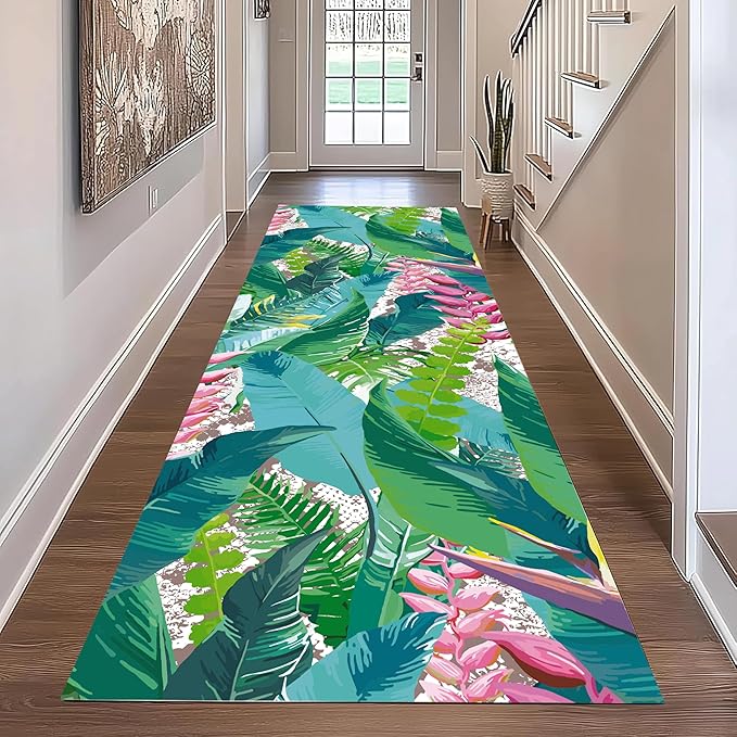 Tropical Rug Runner 2x6ft - Non-Slip Durable Floral Leaf Pattern Carpet for Hallway, Stairs, Entryway, Easy Clean Floor Decor