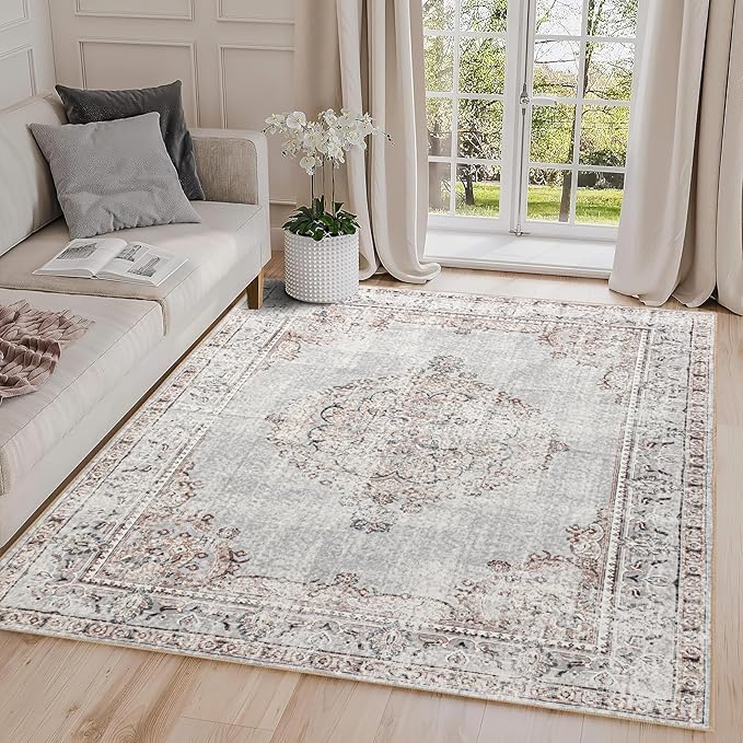 Easy-Going Large Area Rug 8x10 Washable Boho Rugs for Living Room Non-Slip Bedroom Rug Low Pile Lightweight Vintage Distressed Throw Rug for Dining Room Kitchen Home Office Carpet, Grey Brick