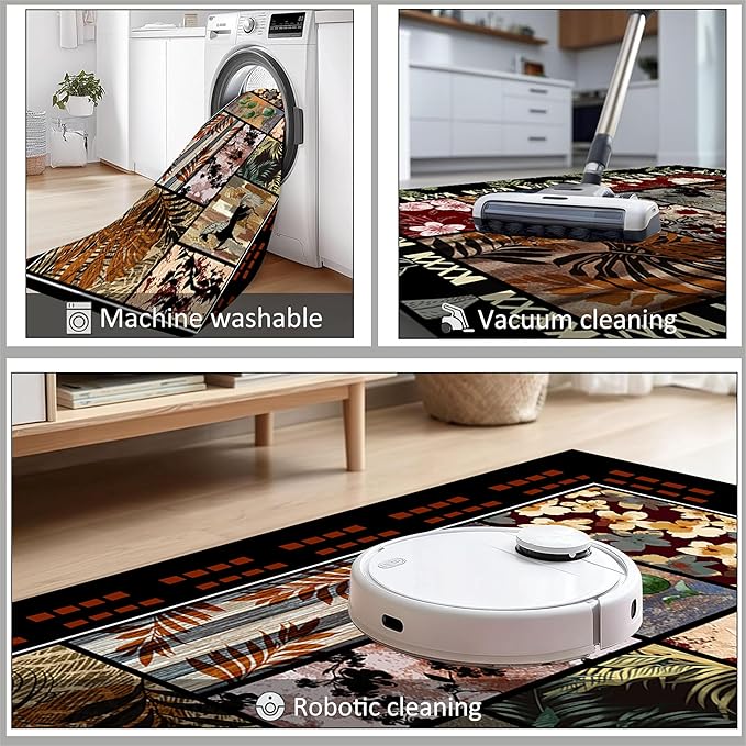 Rustic Cabin Area Rug 6x8ft, Animal & Moroccan Plaid Pattern Vintage Boho Carpet, Stain-Resistant Pet-Friendly & Non-Slip Low Pile for Living Room, Bedroom, Dining Room