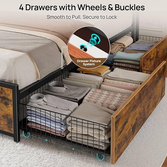 Rolanstar Twin Bed Frame with 4 Storage Drawers, Charging Station and LED Lights