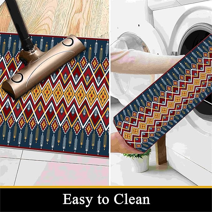 Dark Blue Runner Rug, 3x12ft Red Yello Diamond Hallway Decor Carpet, Corridor & Foyer Long Accent Rug, Entrance Non-Slip Mat Washable Rugs, Southwestern Stylish Home Decor Runner