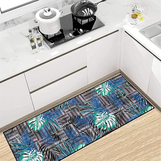 2x7 ft Runner Rug Tropical Blue - Non-Slip Low-Pile & Washable for Hallway, Living Room, Bedroom - Botanical Leaf Print Plush Soft - No Linting Easy Clean Indoor Carpet