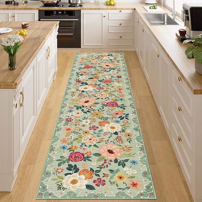 DUKINO 2x8 Runner Rug for Hallway, Washable Kitchen Runner Rug with Rubber Backing Non Slip, Low Pile Soft Boho Floral Thin Carpet for Entryway, Hallway, Bathroom, Laundry Room, Green