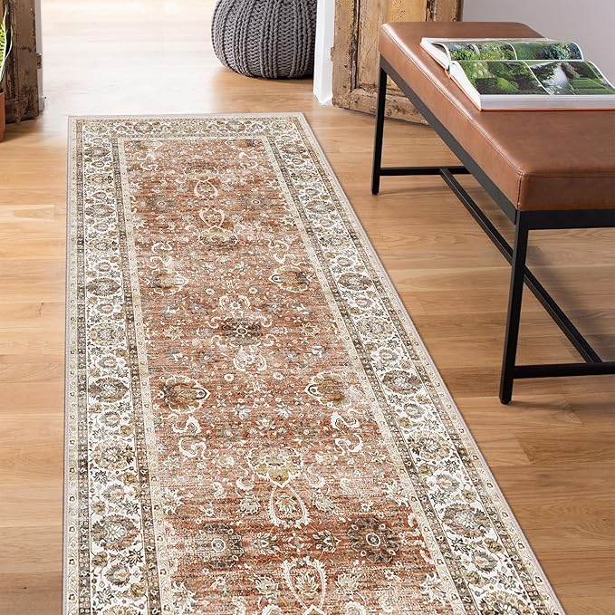 3x8 Runner Rug Non Slip - Kitchen Washable Rug Runner with Non-Shedding, Boho Rugs Cream Runners Rug for Hallways Distressed Carpet Runner Rugs for Bedroom Brick Red