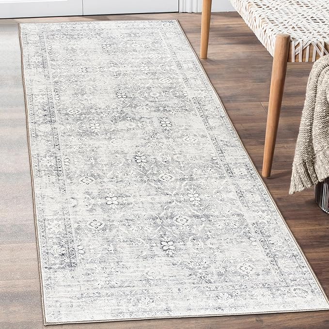 ReaLife Rugs Machine Washable Area Rug Runner - Living Room Bedroom Bathroom Kitchen Entryway Office - Padded Low Pile Stain Resistant Premium - Boho Farmhouse Vintage - Noor - Silver Ivory 2'6" x 6'