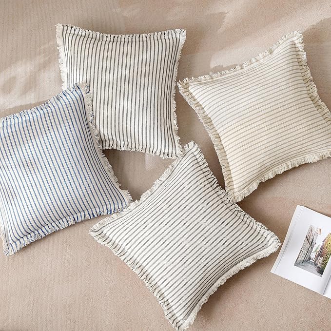 MIULEE Pack of 2 Royal Blue Pillow Covers 24x24 Inch Striped Farmhouse Couch Throw Pillow Covers with Fringe Chic Linen Decorative Cushion Eruo Sham for Sofa Living Room Bed Outdoor Home Decor
