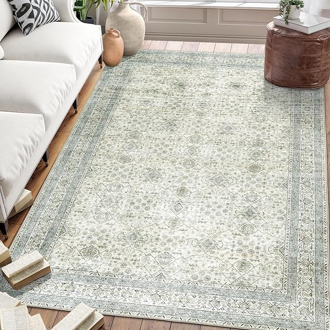 ReaLife Rugs Machine Washable Area Rug - Living Room Bedroom Bathroom Kitchen Entryway Office - Padded Low Pile Stain Resistant Premium - Boho Farmhouse Vintage - BEV - Green 5' x 7'