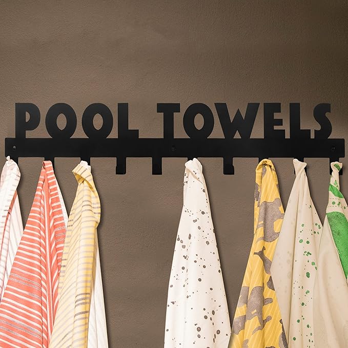 Pool Towel Rack Large Size 10 Hooks for Bathroom Wall Mount Towel Hooks Towel Holder Carbon Steel Hanger Organizer Indoor Outdoor for Robe, Towel, Coat, Swimsuit, Umbrella, Bag, Keys(Black