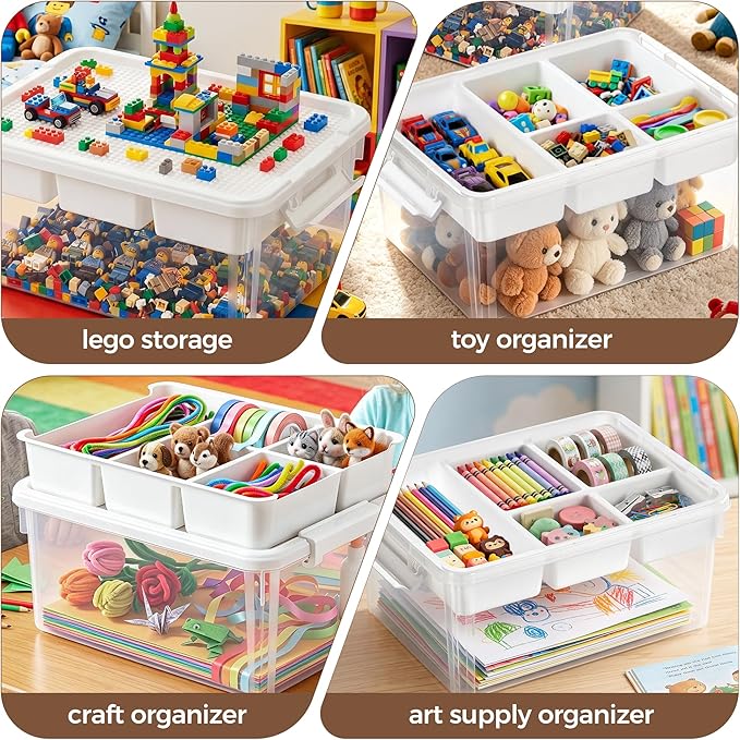 Citylife Toy Storage Box, 17 QT Building Brick Organizer with Buildable Baseplate Lid and Removable Trays, Kids Block Organizer for Playroom and Art Supplies, 2 Pack