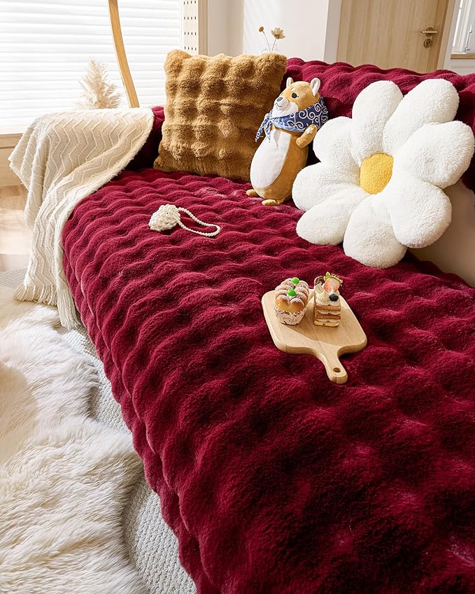 Christmas Faux Fur Couch Cover Fuzzy Soft Plush Thick Bubble Sofa Cover Luxury Sectional Couch Covers Luxury Anti-Slip Sofa Slipcover Washable Furniture Protector (Wine Red,28"x82")