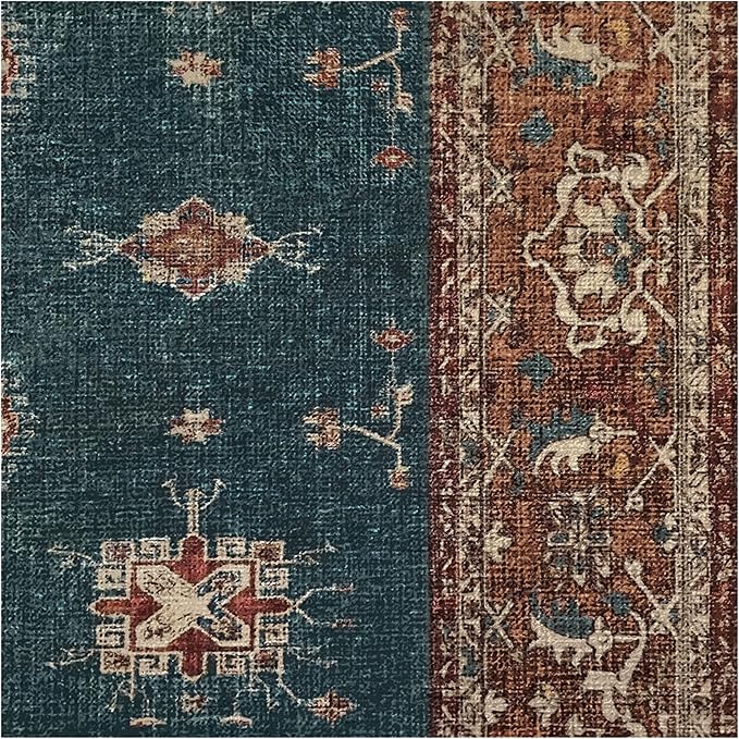 RUGGABLE Washable Vintage Area Rug – Verena Teal Blue 8x10, Stain-Resistant, Non-Slip – Large Machine Washable Rugs for Living Room, Bedroom, Hallway, Entryway & Office–with Cushioned Pad