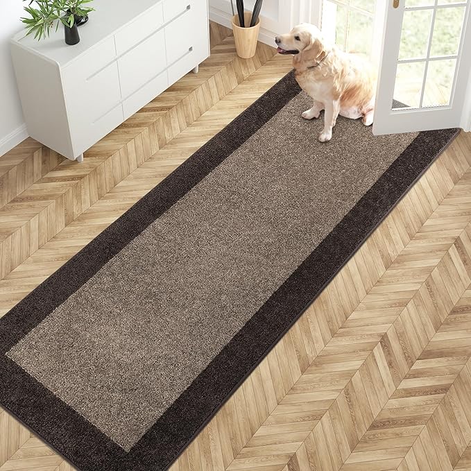 PURRUGS Dirt Trapping Door Mat 32" x 84", Non-Slip/Skid Machine Washable Entryway Rug, Shoes Scraper, Throw Rug, Super Absorbent Area Rug for Muddy Wet Shoes and Paws, Grayish Brown & Coffee